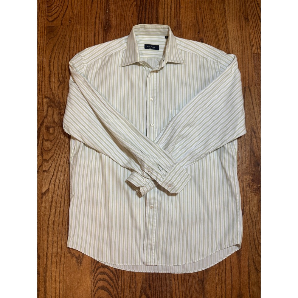 Canali Mens Striped Dress Shirt 16 41 Green Blue White Made in Italy Long Sleeve